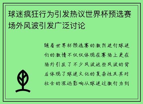 球迷疯狂行为引发热议世界杯预选赛场外风波引发广泛讨论
