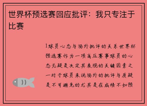 世界杯预选赛回应批评：我只专注于比赛