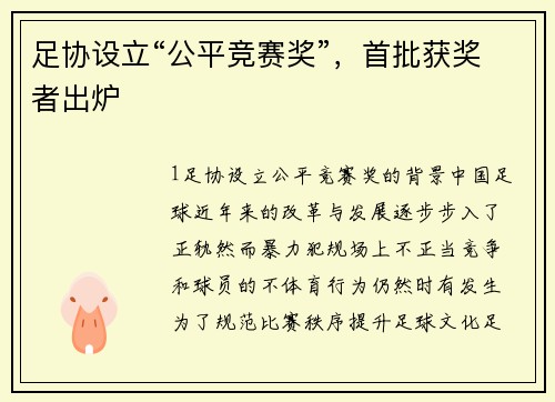 足协设立“公平竞赛奖”，首批获奖者出炉